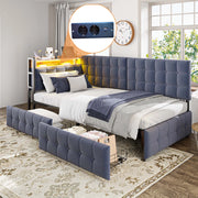 DIVANO LETTO 90x200 cm Imbottito Grigio con 2 cassetti, LED e USB