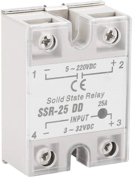 Relè a stato solido - 25A - Tensione di ingresso 3-32VDC - Tensione di uscita 5-220VDC - Corrente di ingresso 6-12mA - Per automazione industriale