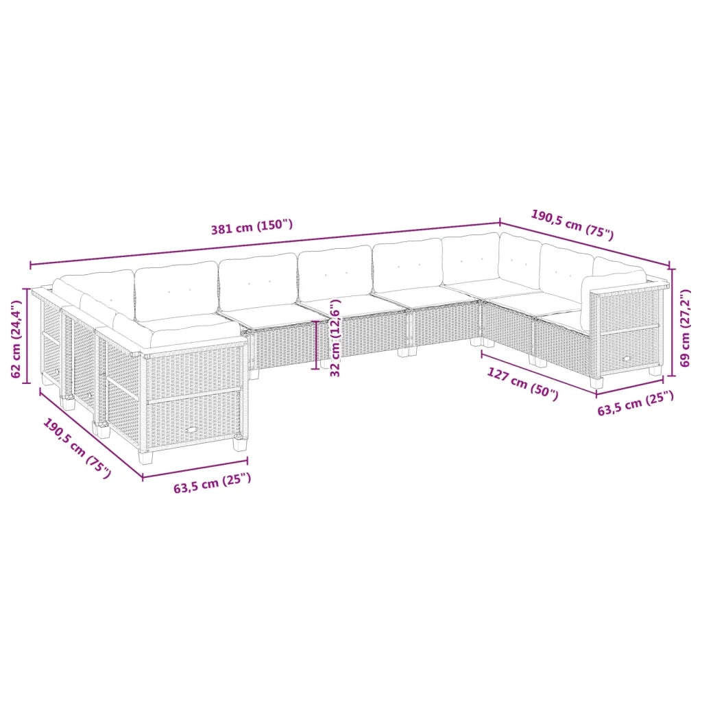 Set Divani da Giardino 10pz con Cuscini in Polyrattan Nero
