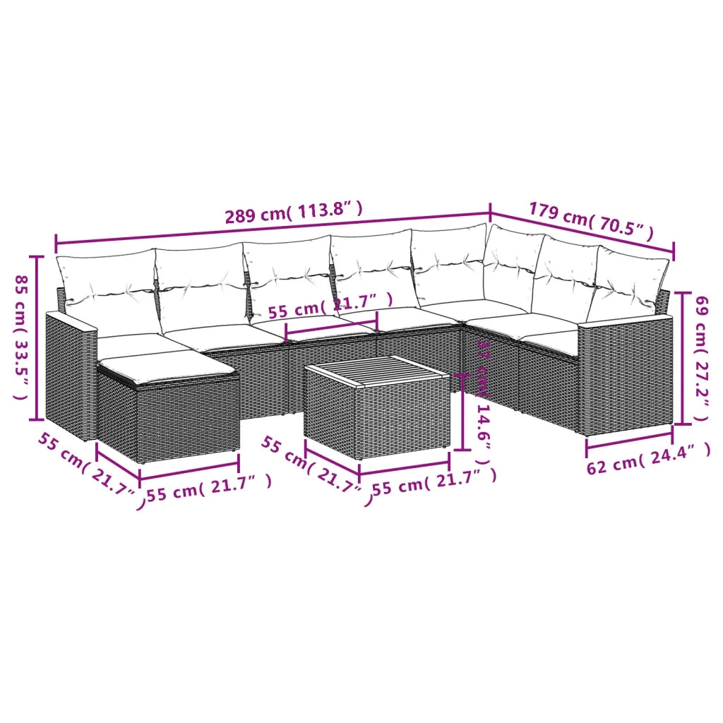 Set Divano da Giardino 9 pz con Cuscini Grigio in Polyrattan 3258658