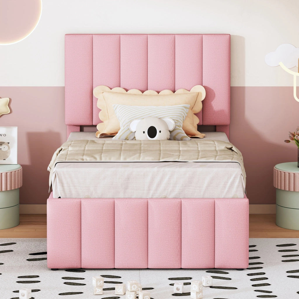 DESMIU Letto estraibile singolo con 3 cassetti e testiera regolabile 90 × 200 e 90 × 190 cm, senza materasso, rosa