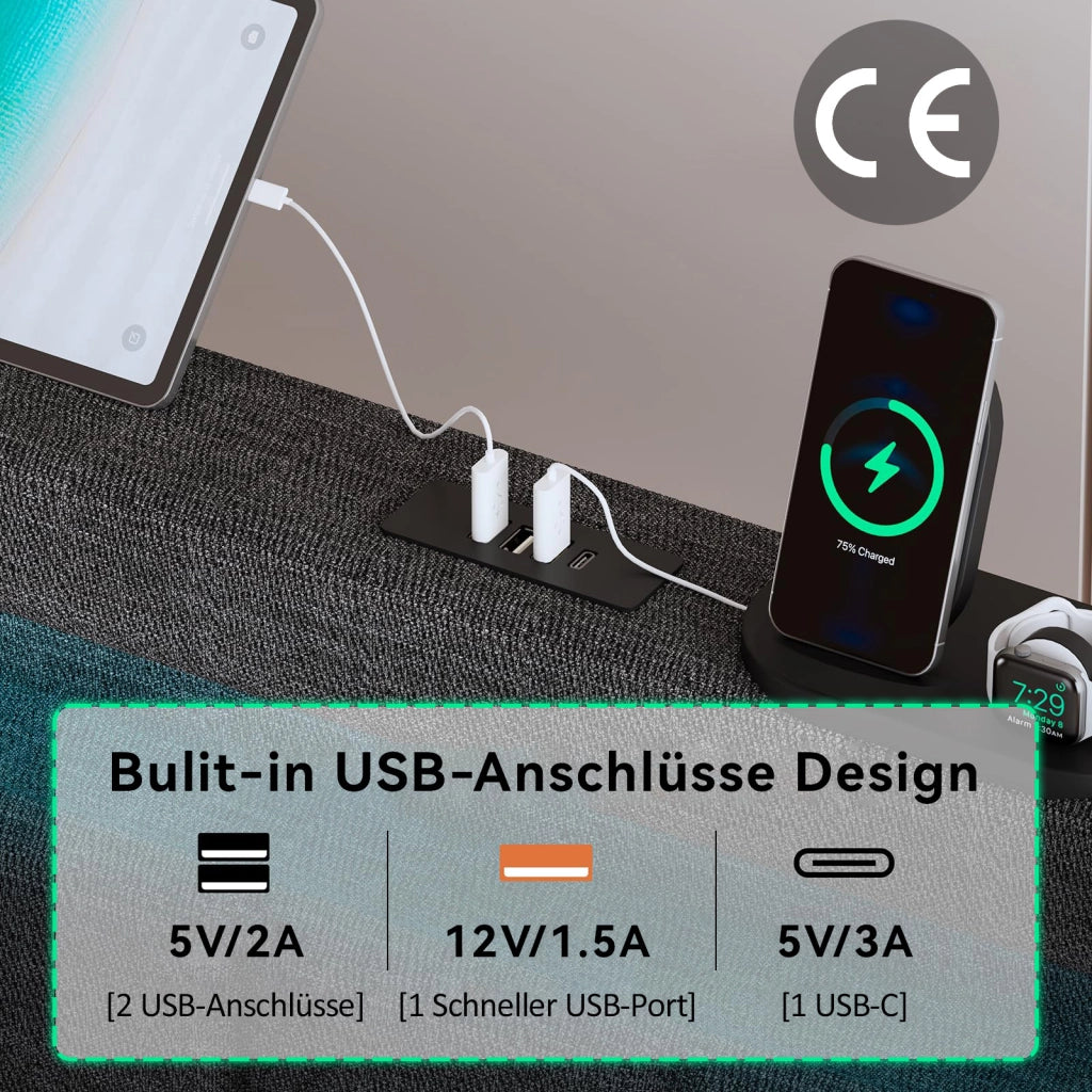 LETTO imbottito 160x200 cm in lino grigio con 4 cassetti, USB e LED