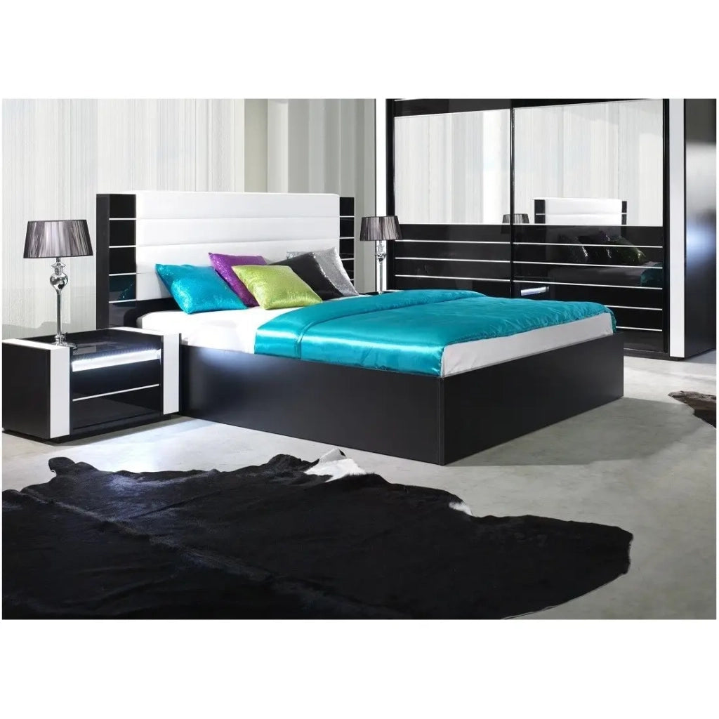Letto LINA 160x200 nero e bianco lucido con testiera in similpelle - Rete inclusa