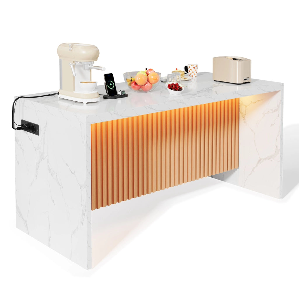 Isola da cucina 155x80x90 cm in MDF, bianco effetto marmo, con LED, prese EU e USB, piano da 40 mm