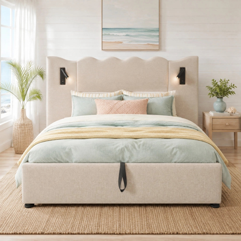 LETTO Contenitore 160x200 cm Beige in lino con lampada da lettura e USB Type-C