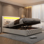 DESMIU Letto contenitore 160 × 200 cm 2 posti con LED regolabile e vano contenitore, senza materasso, in PU, bianco