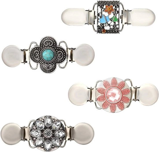 Set di 4 Clip Cardigan per Donne - Clip per Shawl Vintage con Fiori di Strass - Accessori di Abbigliamento - Metallo - 4 Pezzi
