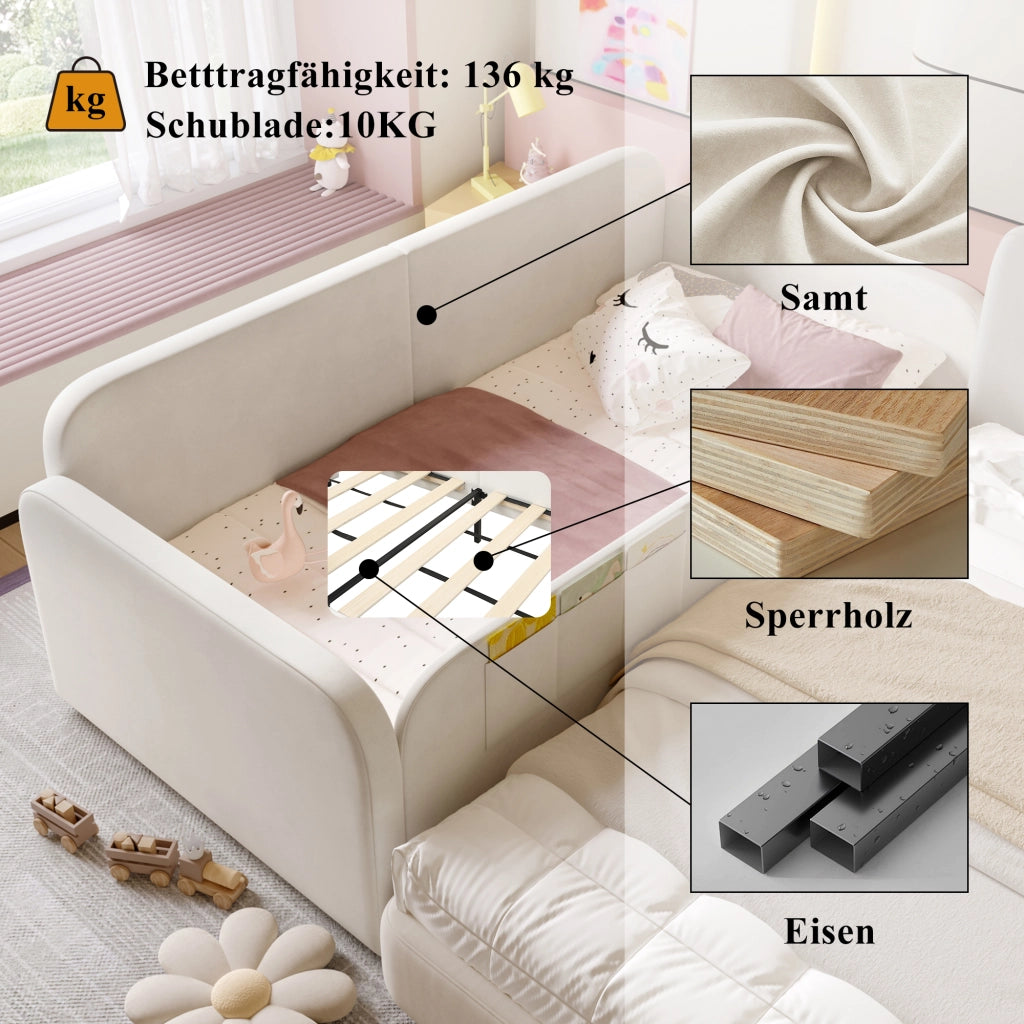 LETTO Singolo 90x200 cm Velluto Bianco con 2 cassetti e tasche laterali