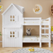LETTO A CASTELLO per bambini 90x200 cm Bianco con finestre e tetto
