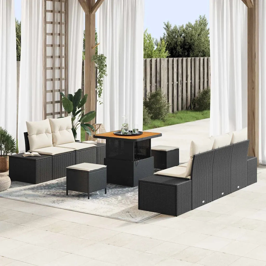Set Divano da Giardino con cuscino 8 pcs Nero polyrattan