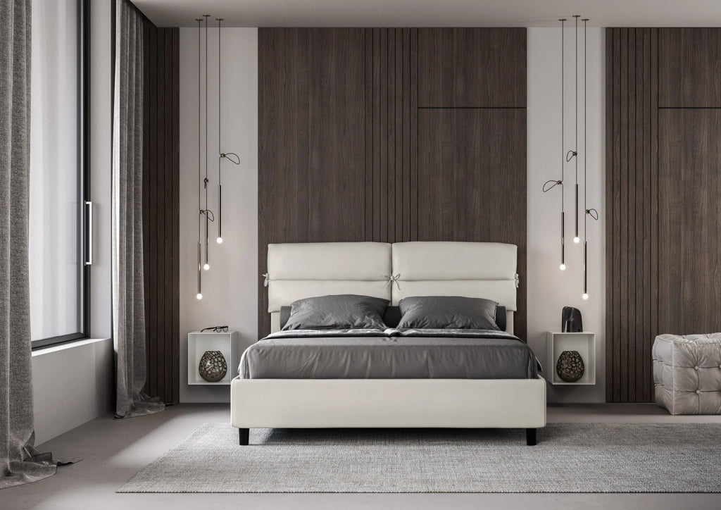 BS COM Letto matrimoniale con rete imbottito 160x190 similpelle bianco