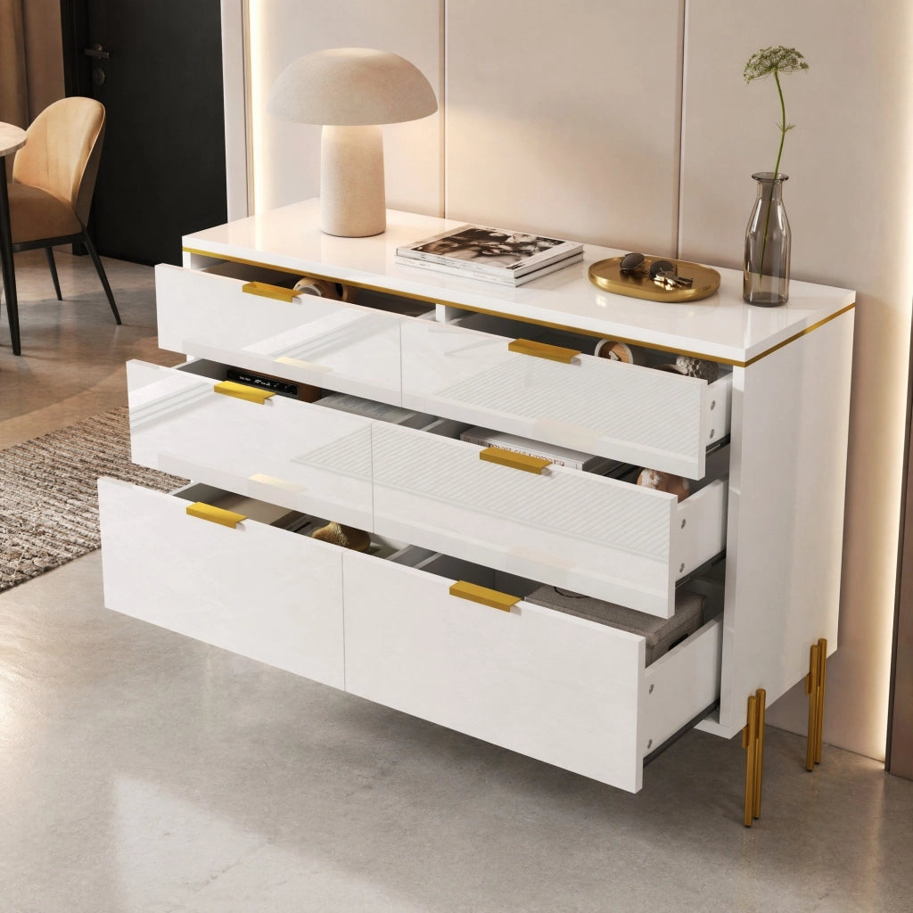 CREDENZA 120x40x85,5 cm 6 cassetti Bianco Oro