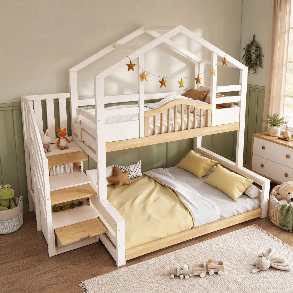 LETTO A CASTELLO 90x200/140x200 cm Bianco e Legno con scala-armadio