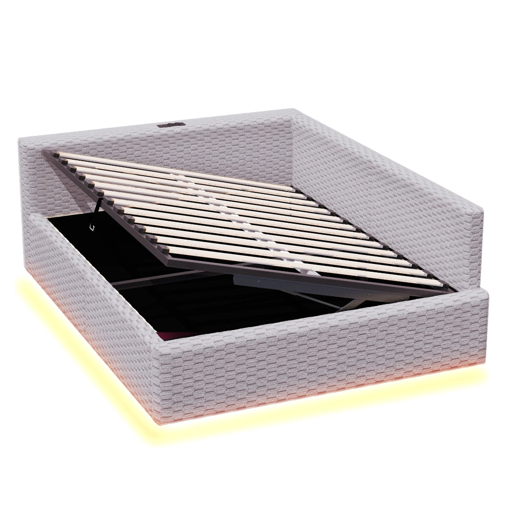 LETTO Contenitore 140x200 cm in velluto grigio con LED e porte USB