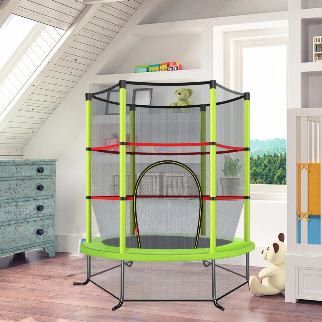 Tappeto elastico per bambini con rete di sicurezza in acciaio resistente, Tappeto elastico con struttura Verde