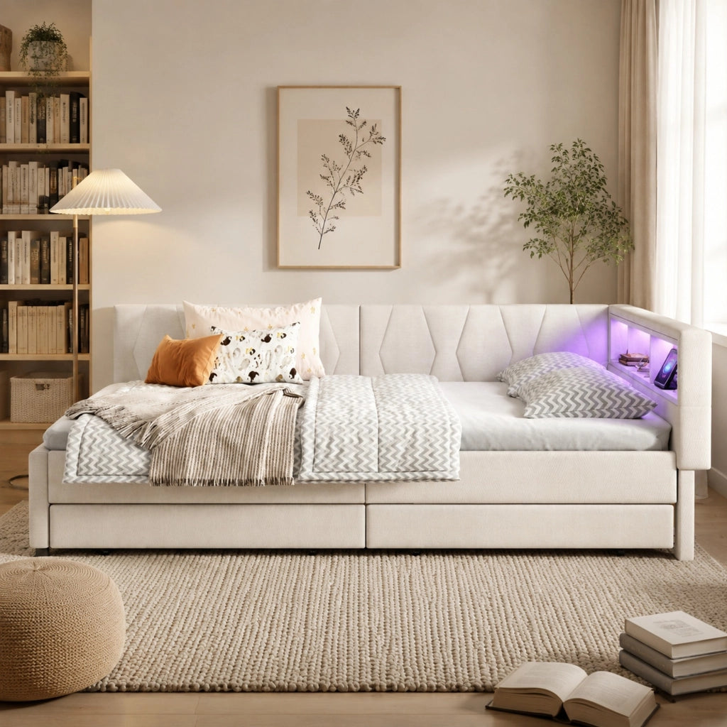 Divano letto 140x200 cm con LED, USB e 2 cassetti, beige