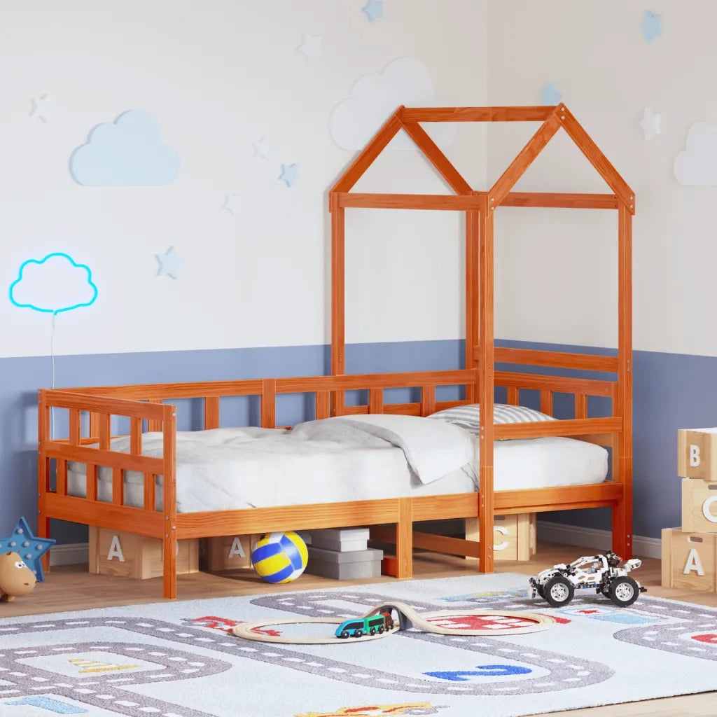Letto singolo | Letto per adulti | Dormeuse con Tetto Marrone Cera 80x200 cm Legno Massello Pino