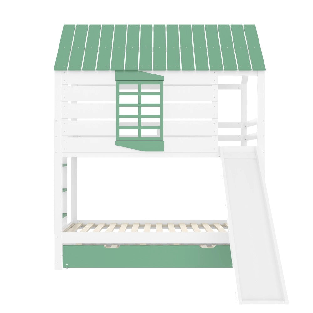 Letto a Castello con Scivolo e Letto Estraibile ¨C MINIMAL ¨C Bianco/Verde 90x200
