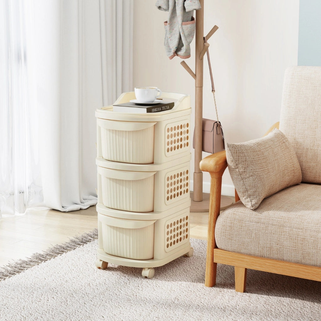 Carrello a 3 cassetti organizzatore di stoccaggio in plastica 6 ganci, Carrello pannello portaoggetti e maniglia Beige-Carrelli