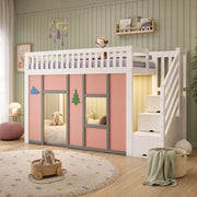LETTO A SOPPALCO 90x200 cm Bianco e Rosa con scala contenitore