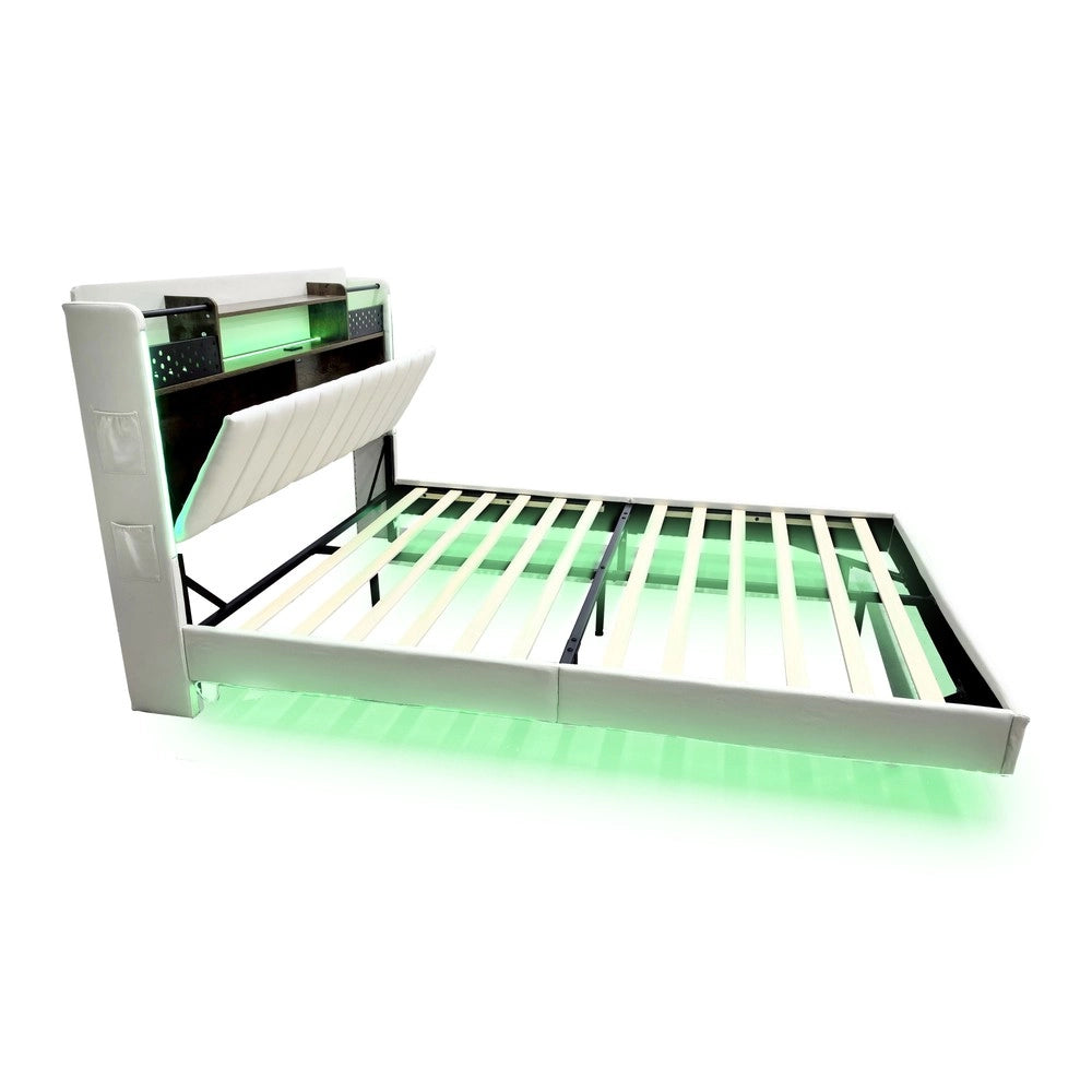 Letto Imbottito Matrimoniale con LED e USB ¨C MINIMAL ¨C Testiera con Contenitore, Tessuto, Beige, 160x200