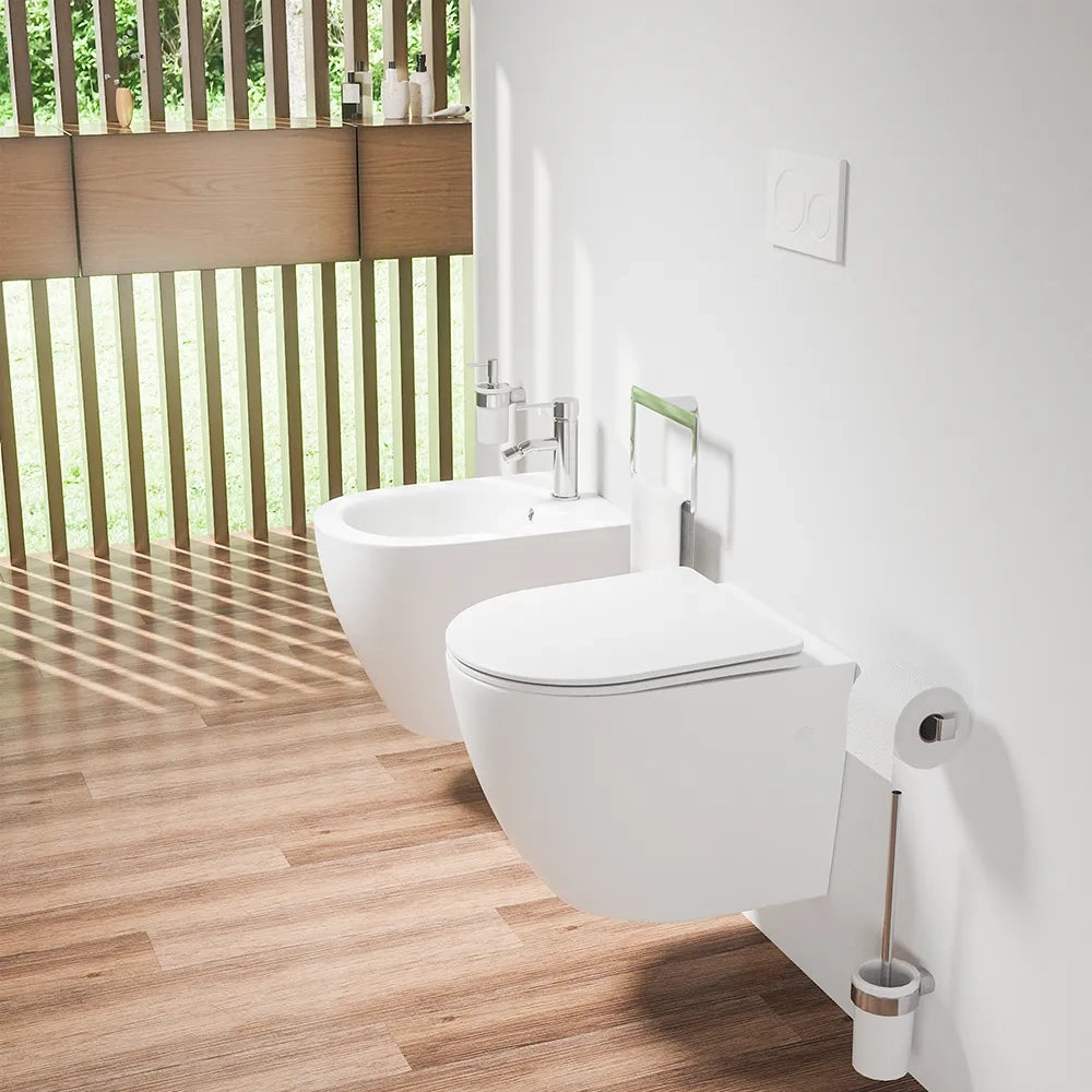 Coppia di sanitari sospesi in ceramica bianco opaco vaso rimless con copriwc soft-close e bidet | Europa Small