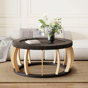 Tavolino da Caff¨¨ Rotondo in Legno Massello e Rattan ¨C Xylo ¨C Gambe Curve, Marrone Nero