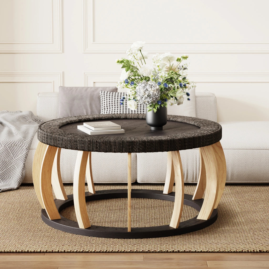 Tavolino da Caff¨¨ Rotondo in Legno Massello e Rattan ¨C Xylo ¨C Gambe Curve, Marrone Nero