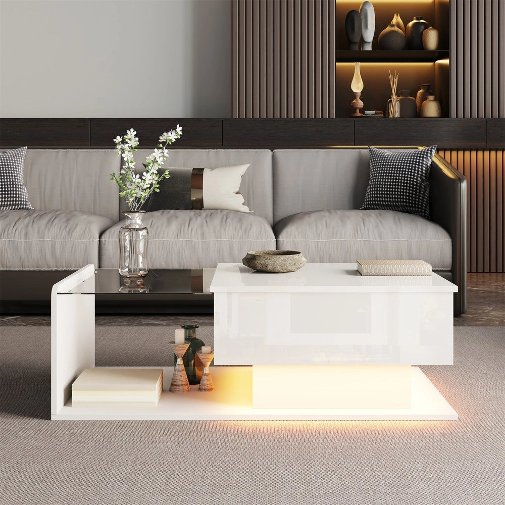 Tavolino da Caff¨¨ con Vetro e LED ¨C MINIMAL ¨C Bianco Lucido
