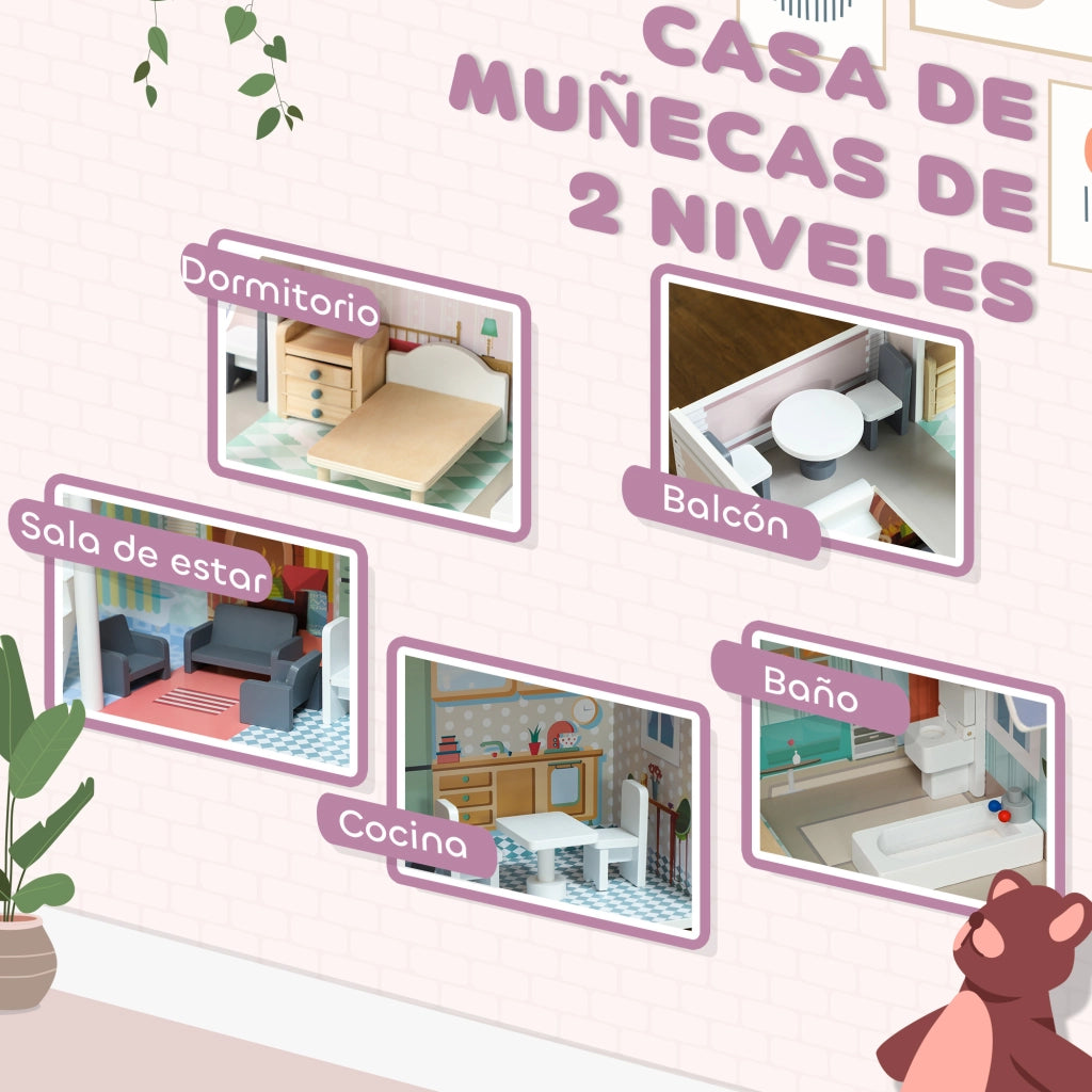 Casetta per Bambini con Balcone 2 Piani e Mobili ¨C Minimal ¨C Multicolore