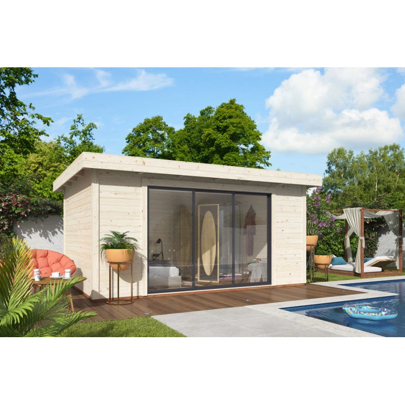 Casetta da giardino in legno 450x330 cm, pareti 28 mm con porta scorrevole vetrata larga, per deposito attrezzi esterno - Esterni da Vivere