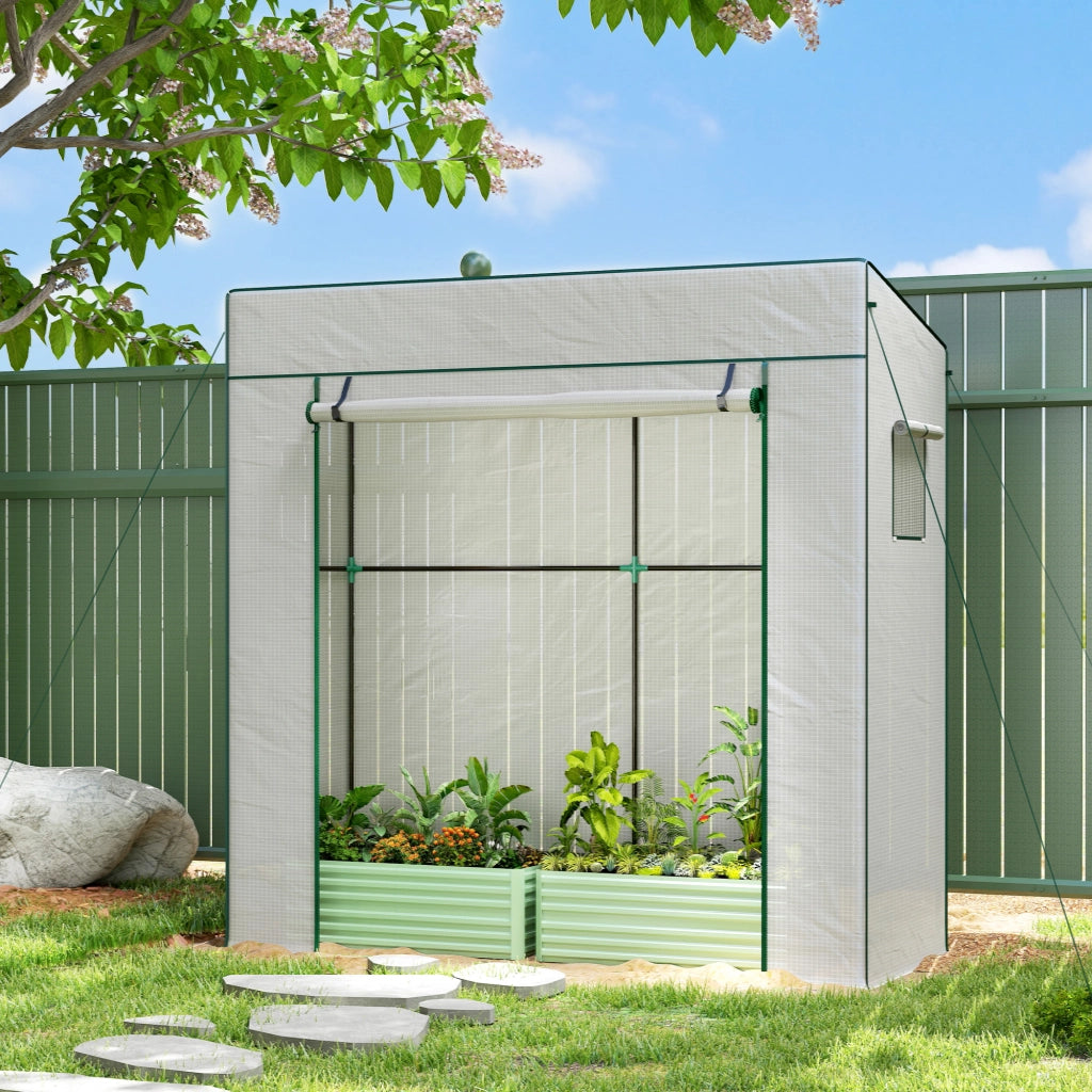 Serra per Piante 196x77x197 cm con 2 Finestre Laterali a Rete e Ingresso Avvolgibile in PE e Acciaio Bianco