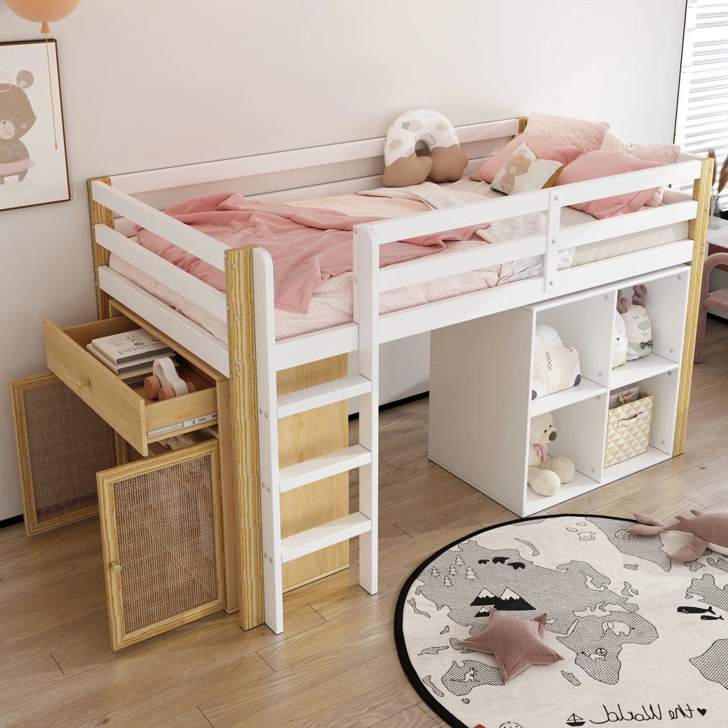Letto a soppalco multifunzionale per bambini 90 x 200 cm con 2 armadi contenitori e scala, Naturale + Bianco