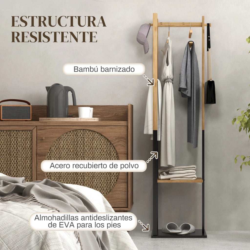 Appendiabiti da Terra con Scaffali e Ganci ¨C Minimal ¨C Legno e Acciaio, Nero