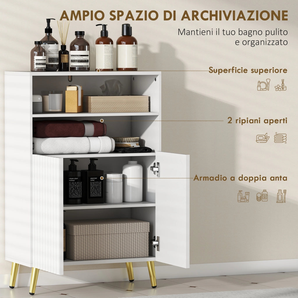 Mobiletto Bagno Moderno 60x31,8x93 cm con 2 Ripiani Aperti e Armadietto con Ante Ammortizzate in MDF Bianco