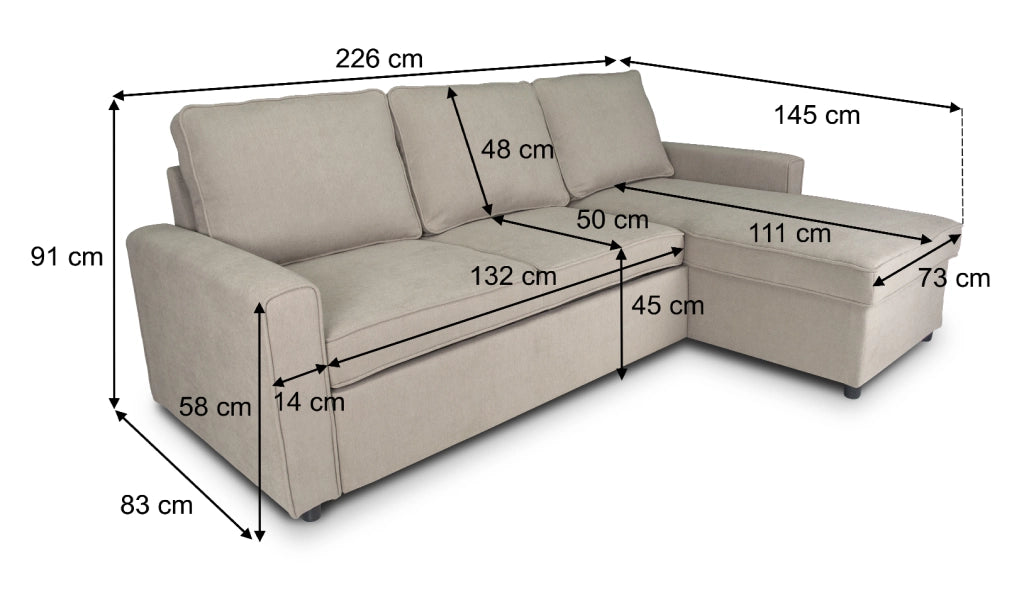 Divano letto angolare con contenitore, divano con chaise longue tortora - Kennedy DL-KE03CL