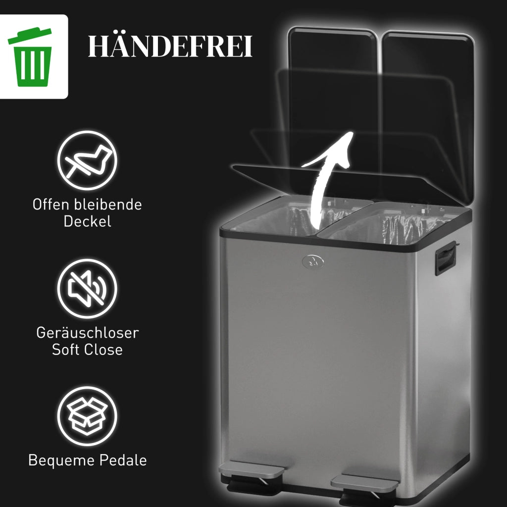 Pattumiera doppia 2x20L ¨C Xylo ¨C apertura a pedale, acciaio inox e plastica, argento