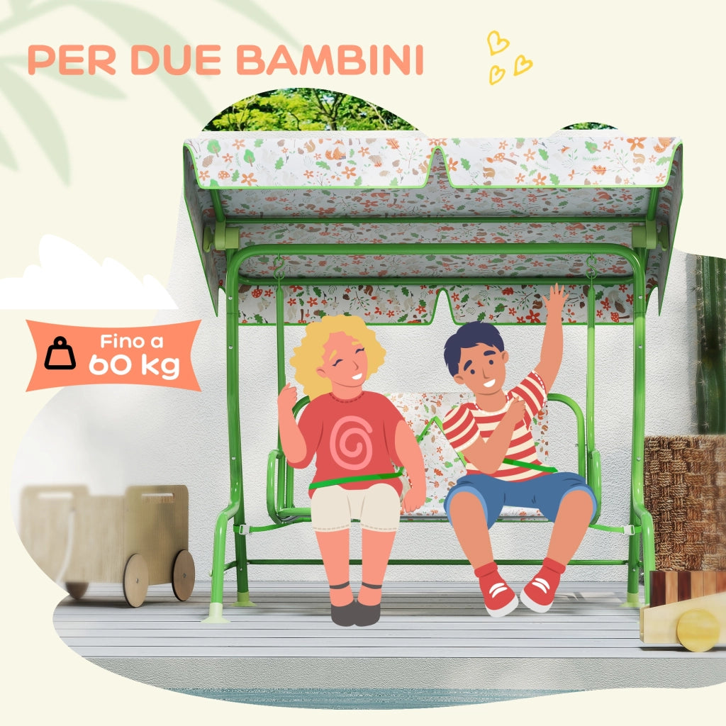 Dondolo per Bambini a 2 Posti con Tettuccio ¨C Xylo ¨C Verde, 112x75x120 cm