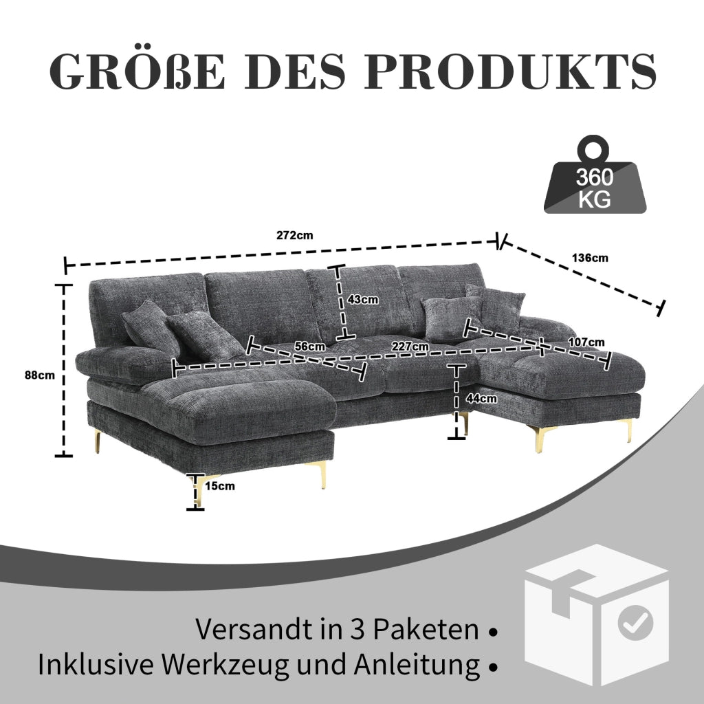 Divano angolare U ¨C MINIMAL ¨C Chenille, 5 posti, grigio