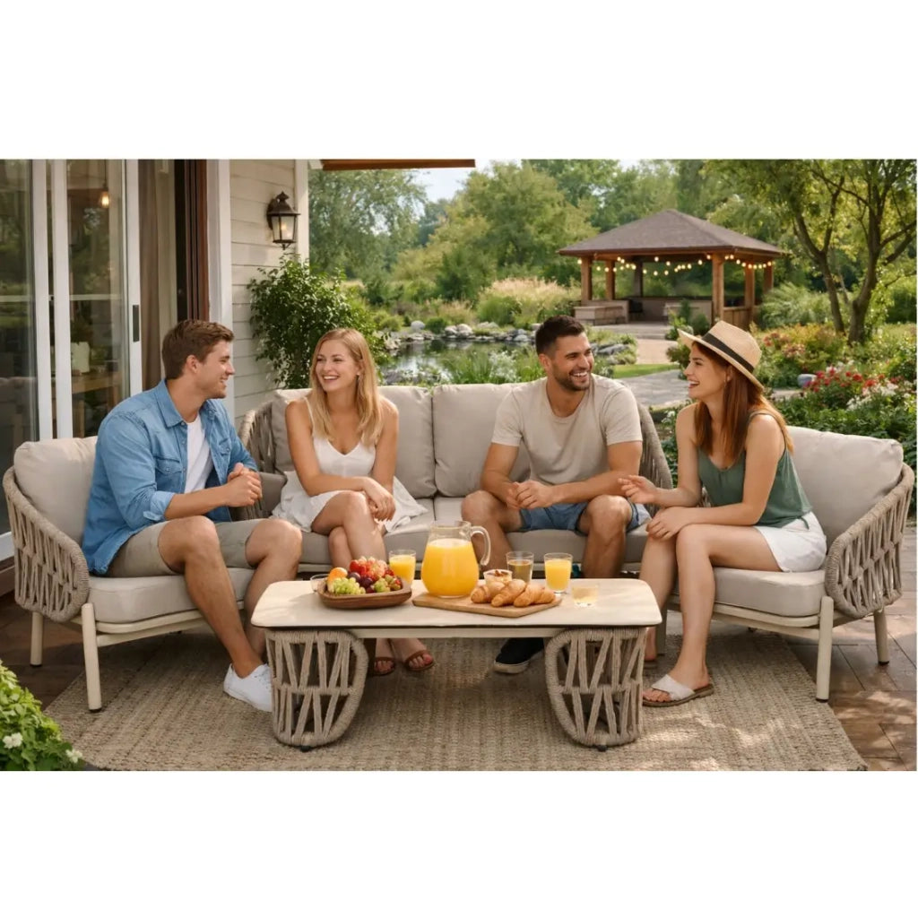 Set da giardino 4 posti STRAPA beige con corda intrecciata e tavolino basso