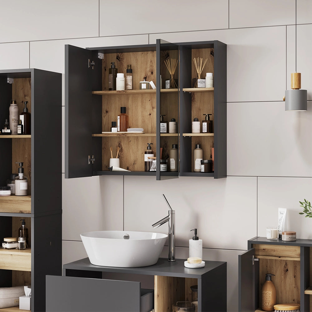 Vicco Mobile a specchio per il bagno Grigio/Artisan 80 x 75 cm con ripiani aperti