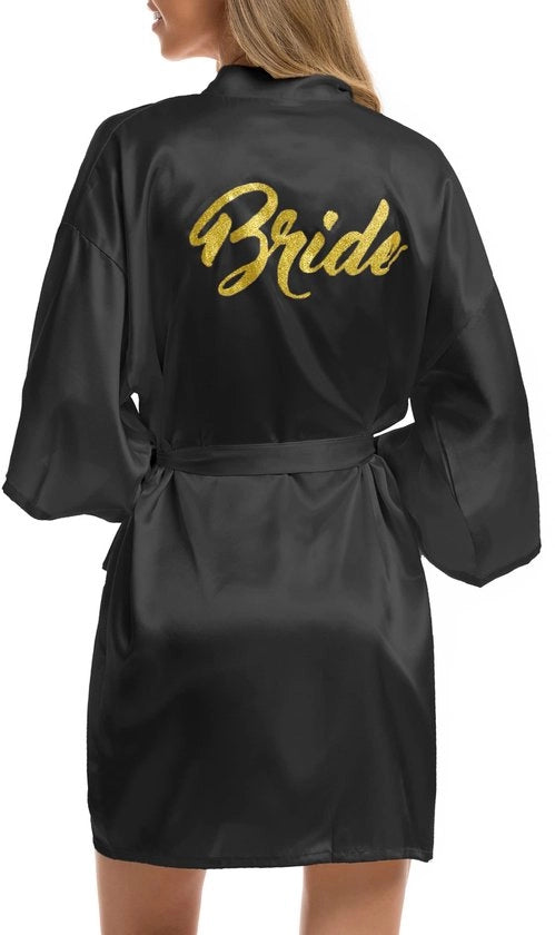 Kimono da sposa con collo V e cintura per la sposa e le damigelle d'onore in seta nera (M)