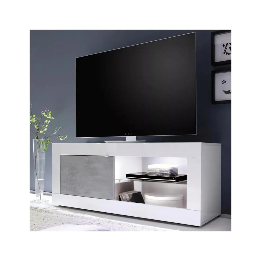 Mobile TV 1 porta, collezione ISORA, colori bianco lucido laccato e grigio effetto cemento