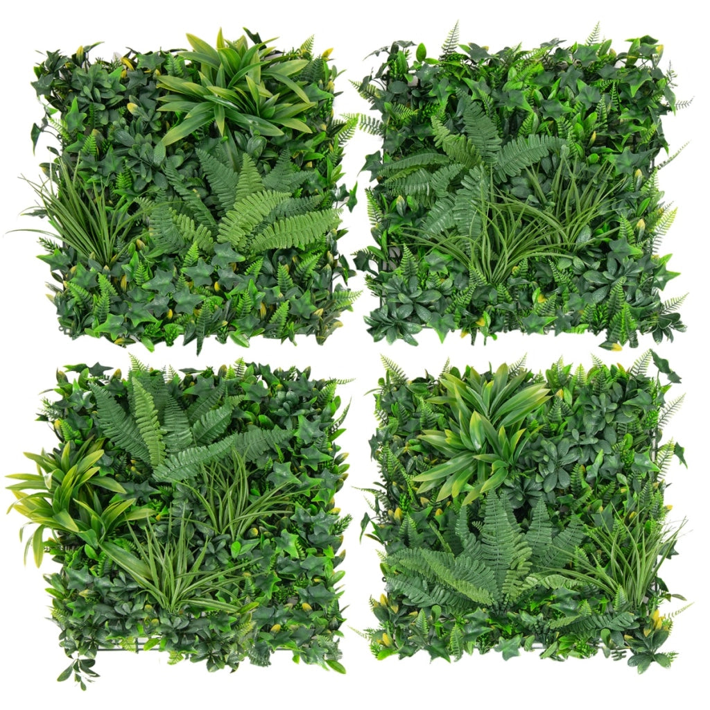 4 Tappetini erbosi finti artificiali da 50x50cm con foglie diverse, Pannelli di muro di erba per protezione dal sole
