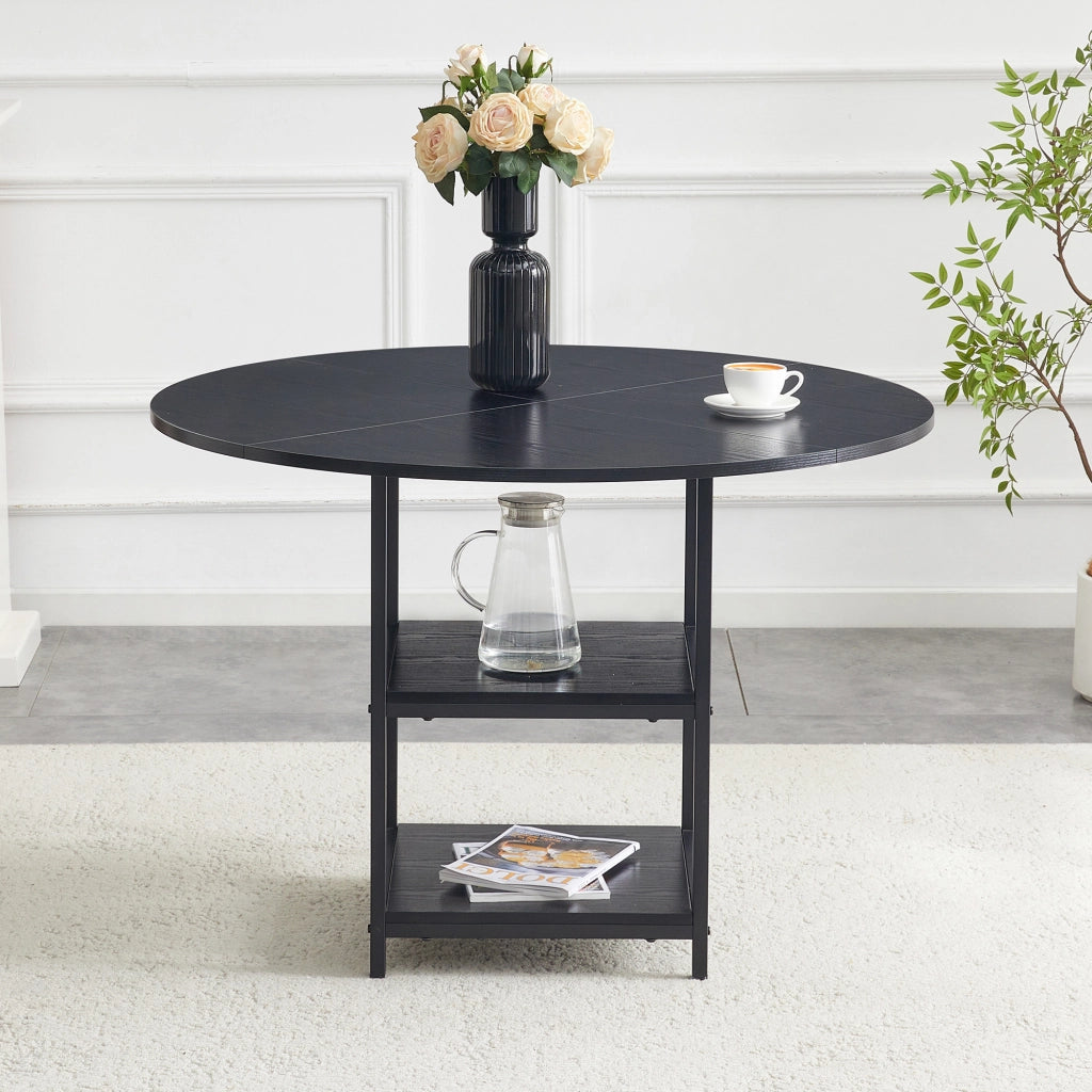 Tavolo da pranzo rotondo per 2-4 persone con doppio ripiano aperto, in MDF e metallo, nero, diametro 107 cm