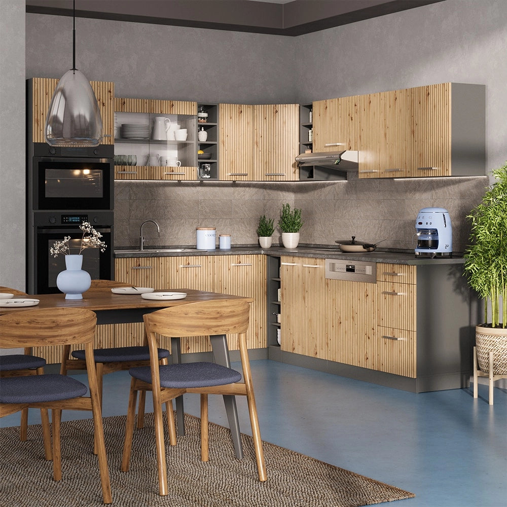 Cucina angolare completa R-Line Rovere artigianale/Antracite 247 x 237 cm, PL Antracite Vicco