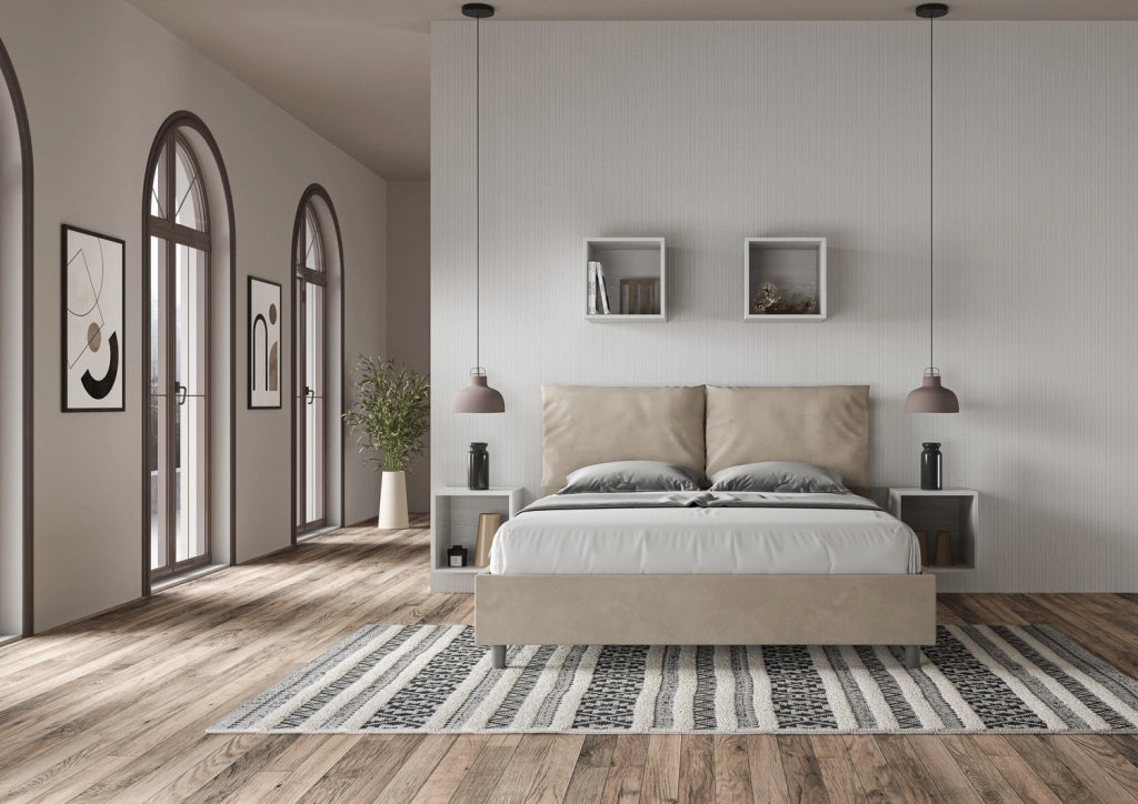 BS COM Letto matrimoniale senza rete imbottito 160x200 microfibra sabbia