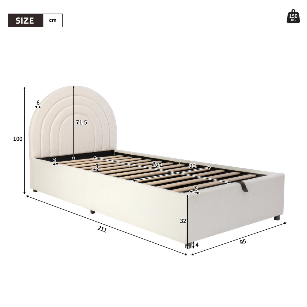 OKWISH Letto Contenitore 90×200 cm, Letto Singolo con Vano Contenitore Idraulico, Testiera Imbottita e Struttura Antirumore, senza Materasso, Bouclé, Beige
