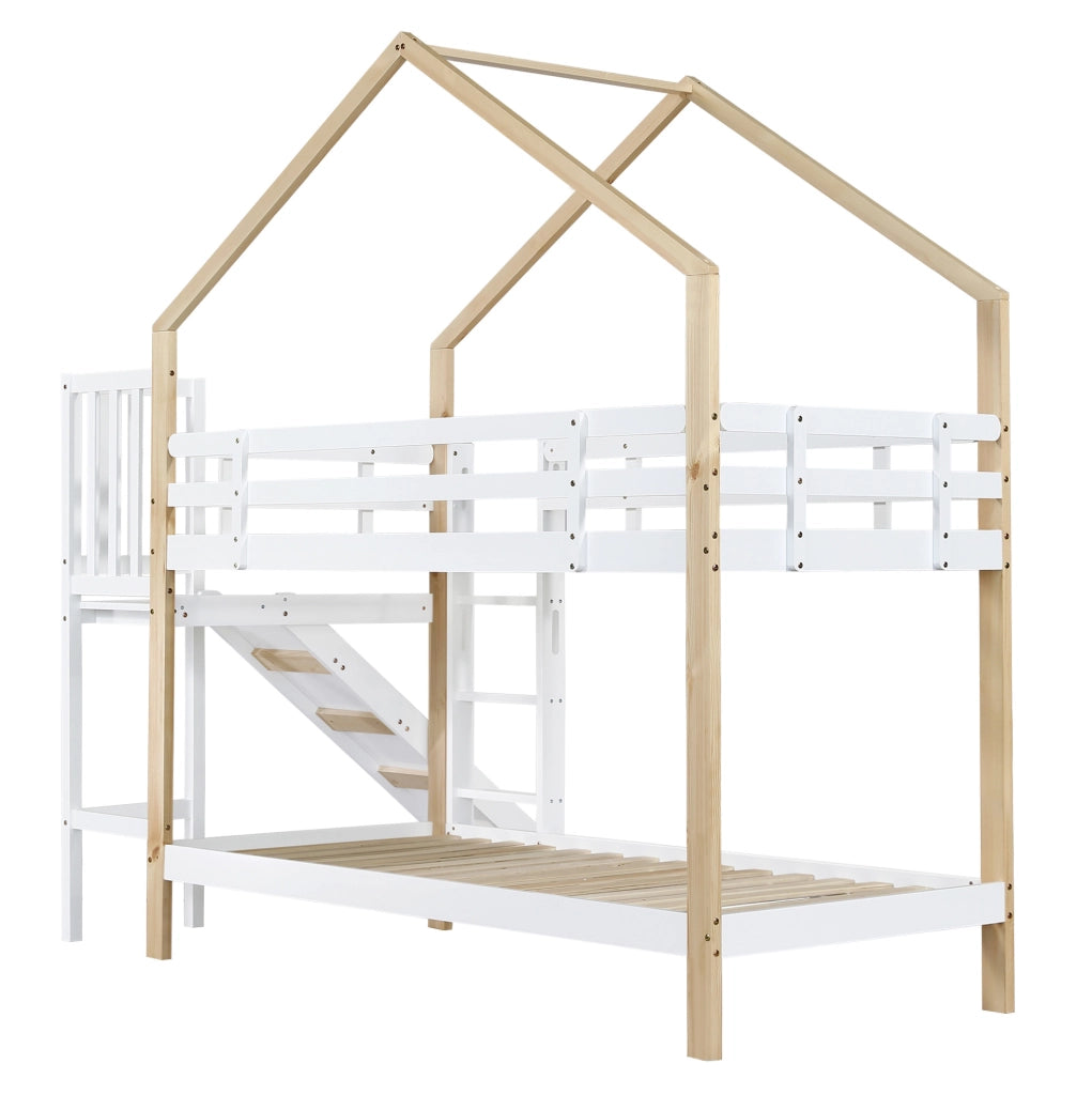 Letto a castello a forma di casa con scivolo e scala sicura