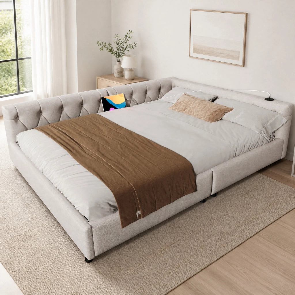 Divano letto 140x200 cm in lino beige con rete a doghe, LED RGB, USB e Type-C